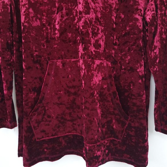 Jodifl Burgundy Velvet Hooded Pullover Top Sz M Stretchy Pocket Long Sleeve Boho - Picture 5 of 12